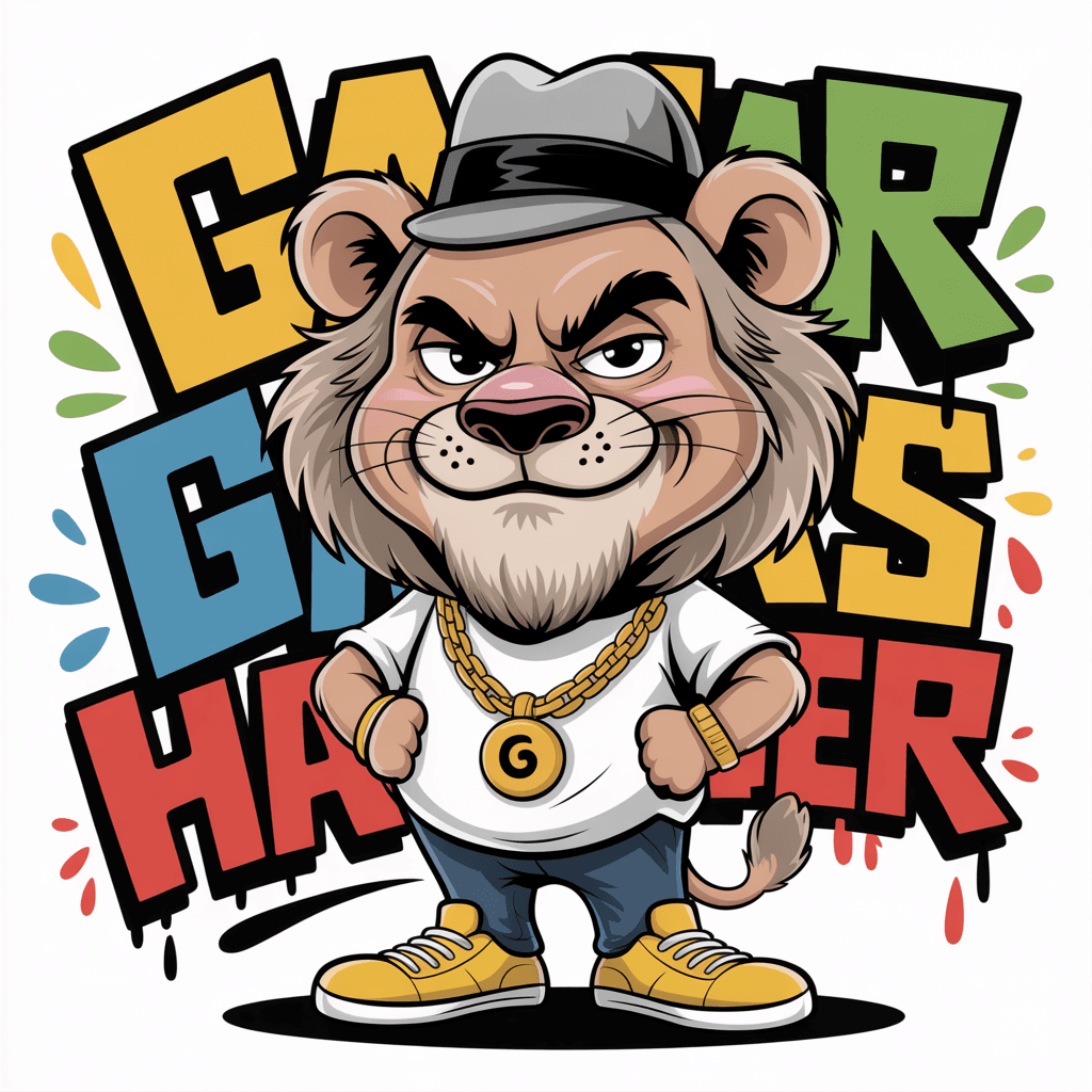 AI generated: funny caricature, gangster lion character caricature, elderly canadian male, 55 years old, slick fur...