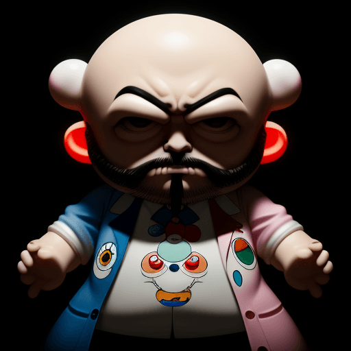 AI generated: Create a toy pharmacist , evil, in the style of Takashi Murakami, cinematic lighting, sharp focus,