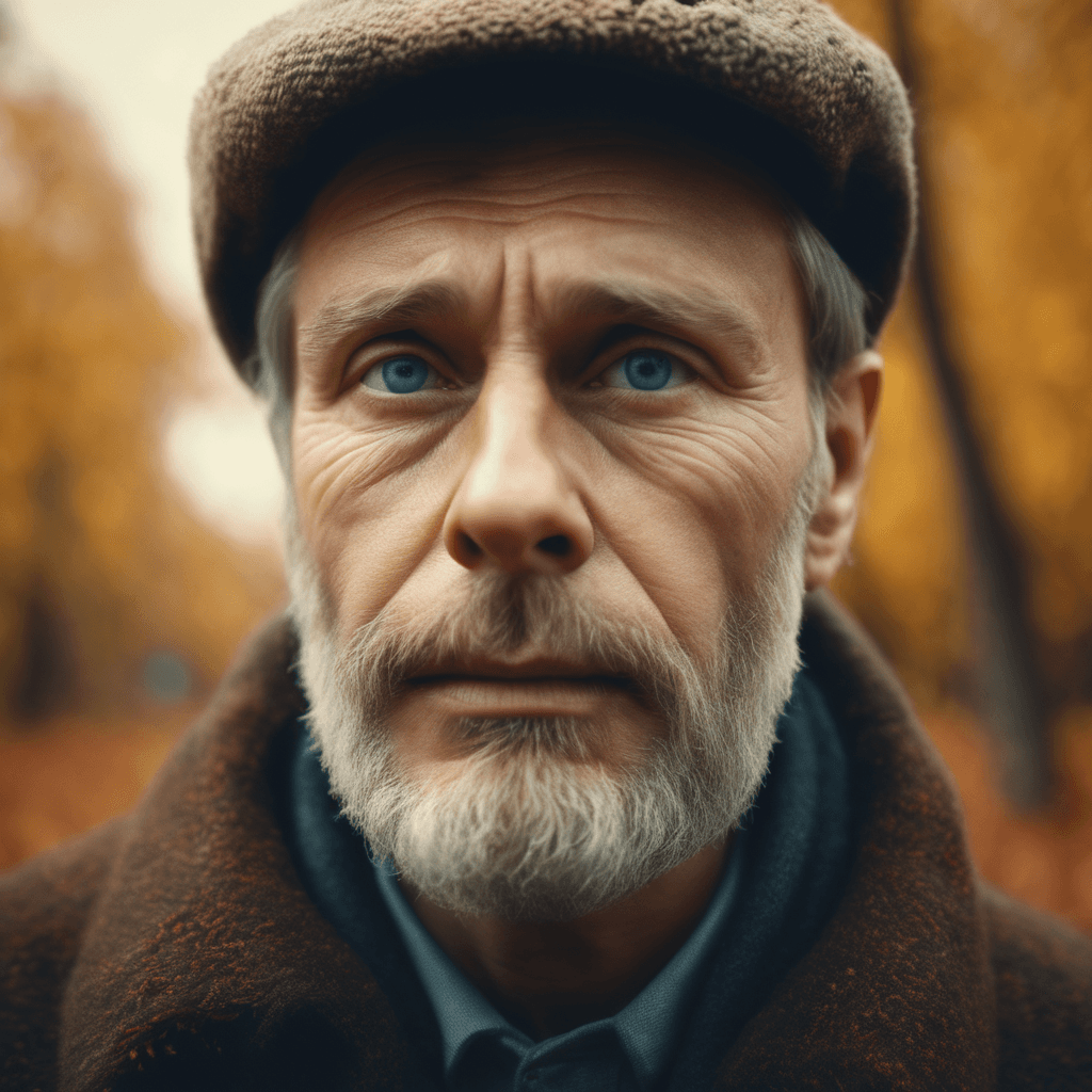 AI generated: A cinematic movie extreme close-up of a Russian writer in autumn, with a thought-provoking expressio...