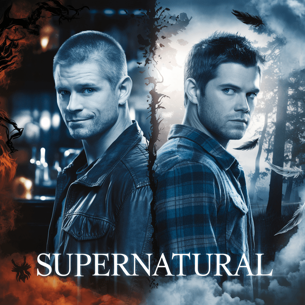 AI generated: The poster art for 'Supernatural' features two brothers back to back. On one side stands Dean, inspi...