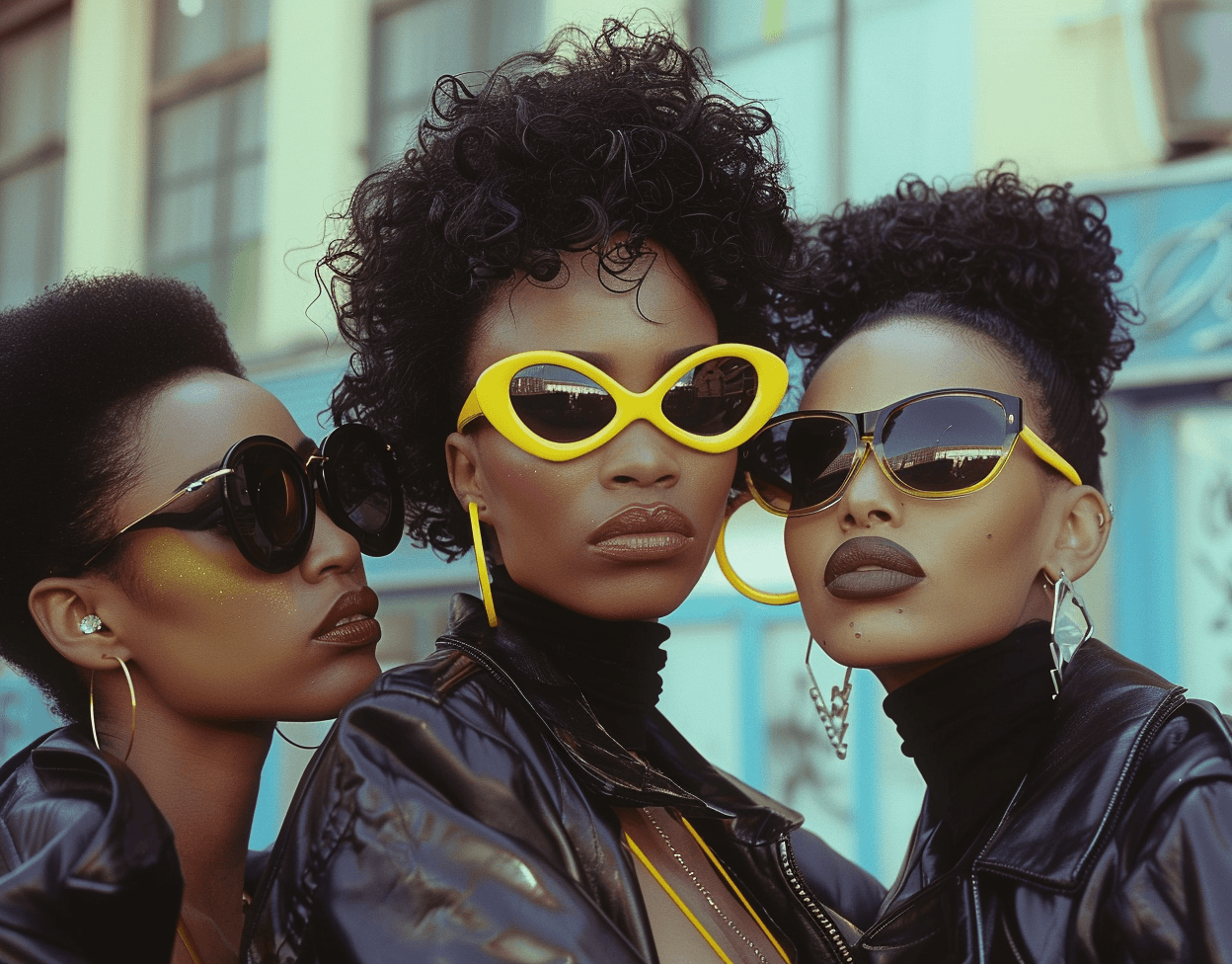 AI generated: 
three women with yellow sunglasses and a black jacket, in the style of vhs, animated gifs, candid ...