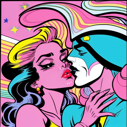 AI generated: Close-up of a woman's hand holding and kissing pink lips, in the style of Moebius, Josan Gonzalez, P...