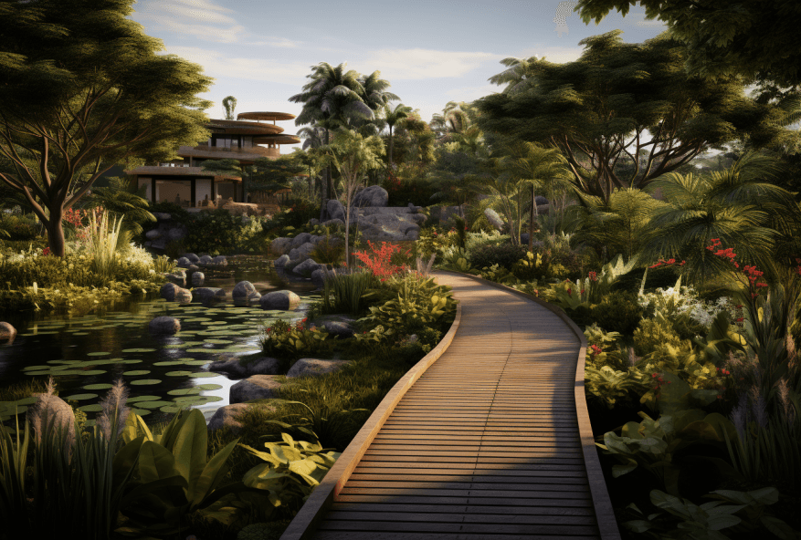 AI generated: the walkways are the walkways through a lush park, in the style of naturalistic renderings, exotic a...