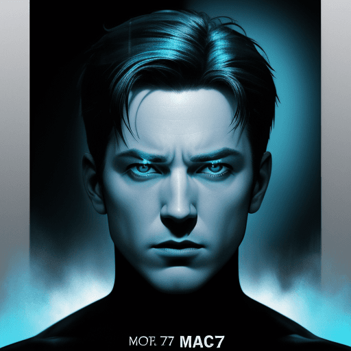 AI generated: movie poster, male character in black, white and blue, in the style of Dave Mc Kean, light-focused -...