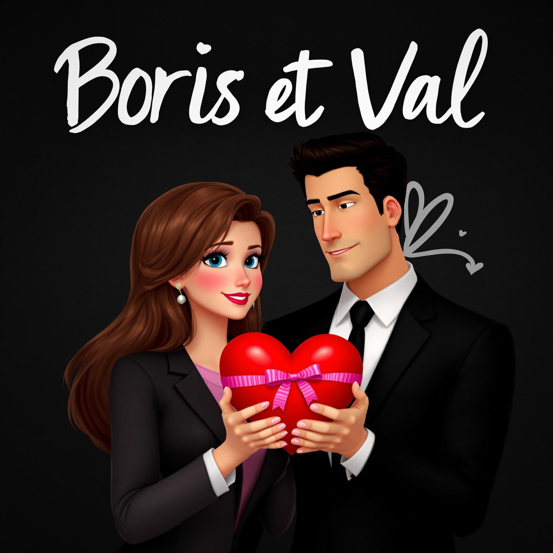 AI generated: An animated image of a man and a woman. The man is wearing a black suit with a white shirt and a bla...