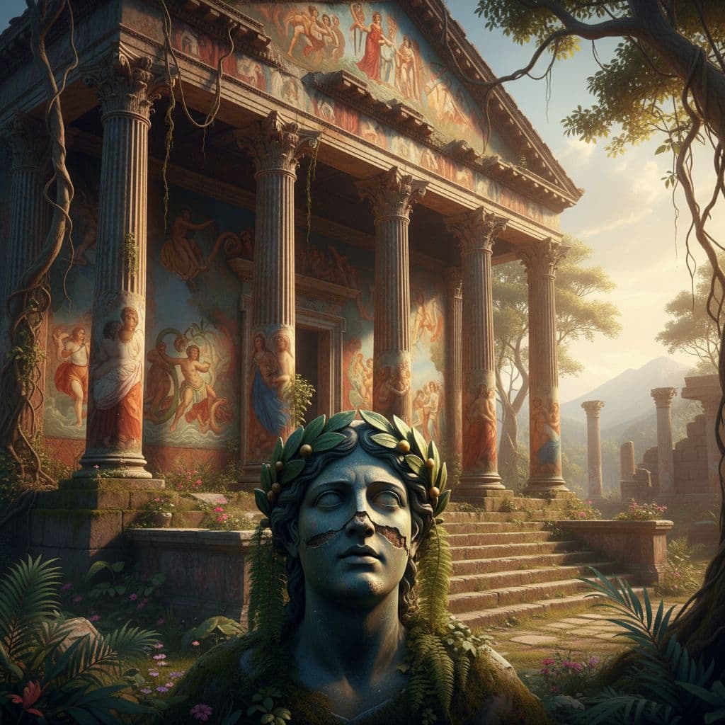 AI generated: A scene of an ancient Roman temple with columns adorned in vibrant murals depicting scenes from the ...