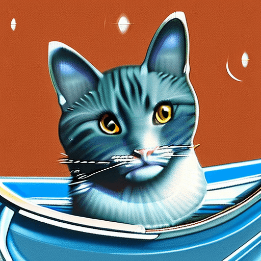 AI generated: a cat in a small boat, happy, in the style of dreamlike realism, cinematic light, dark sky-blue and ...