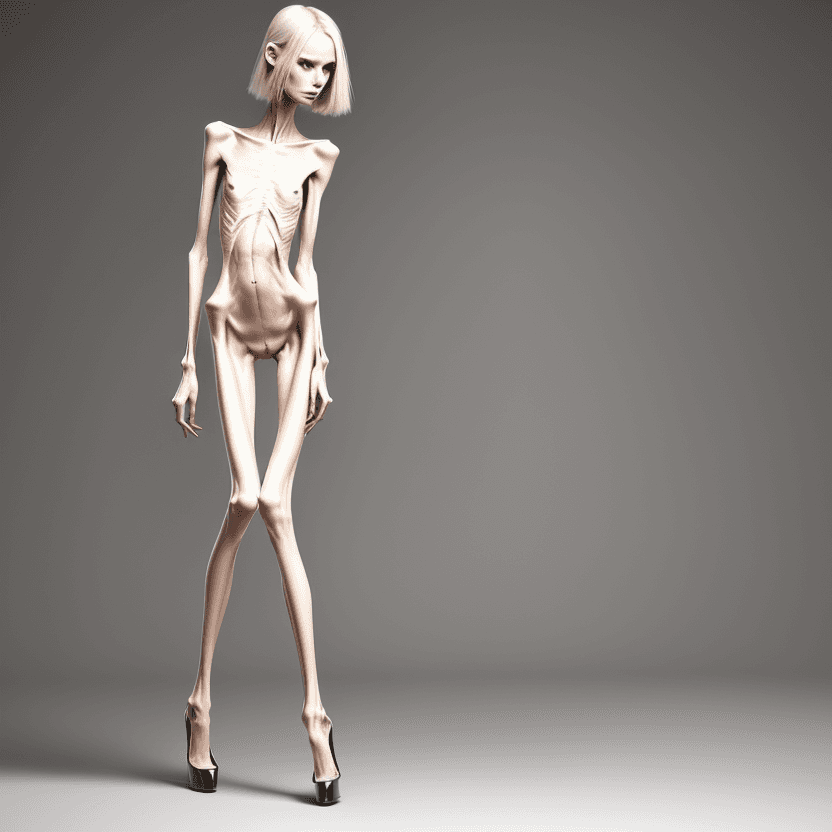 AI generated: naked very skinny anorexic legs in high heels, high heels, the tips of the shoes are very long towar...