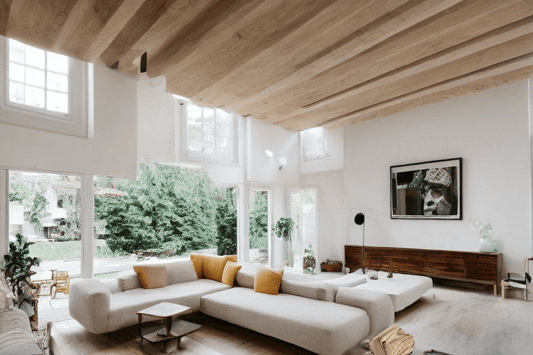 AI generated: high resolution photography interior design, dreamy sunken living room conversation pit, wooden floo...