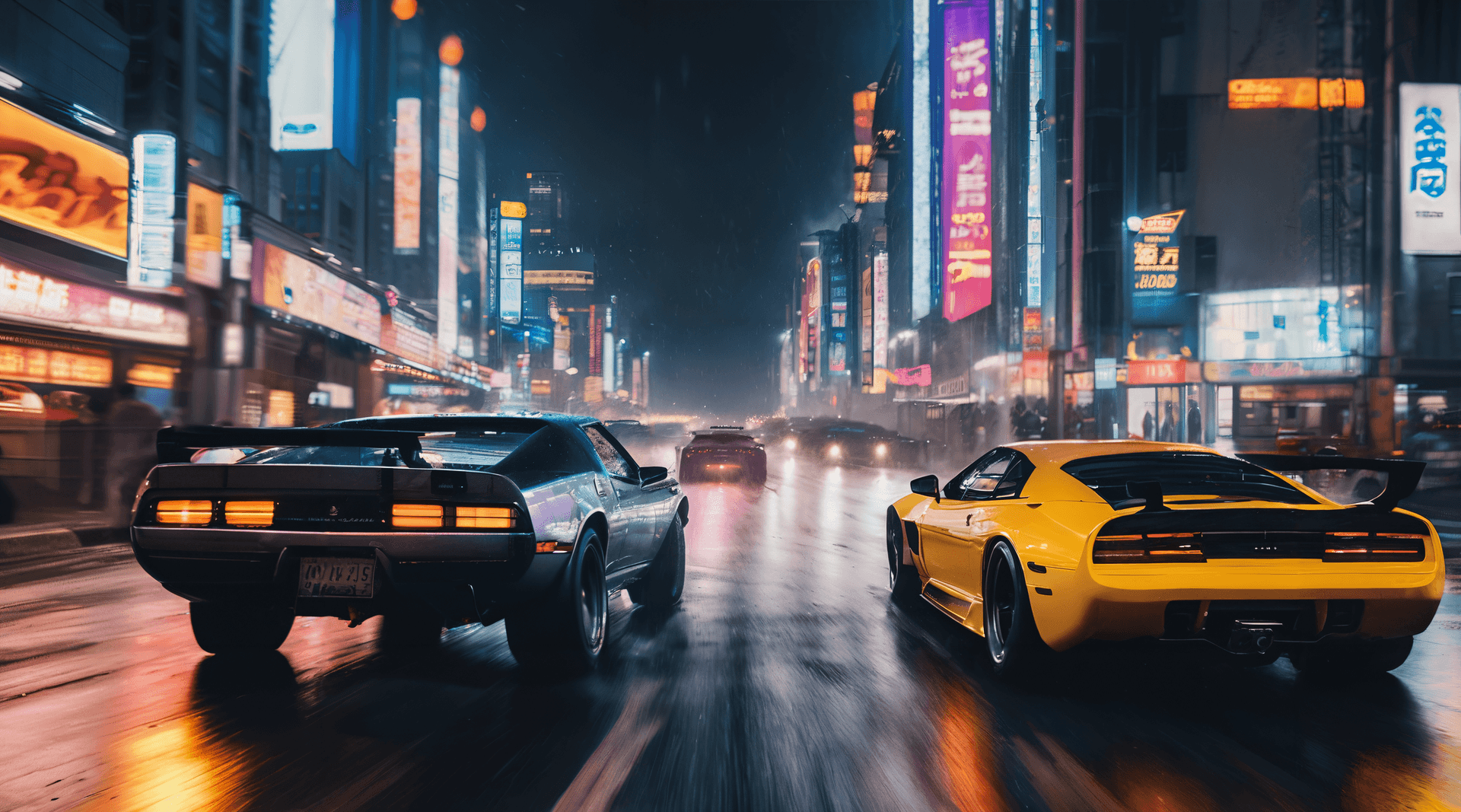 AI generated: Masterpiece, Best Quality Action Movie poster of (supercars, muscle cars and hotrods) racing through...