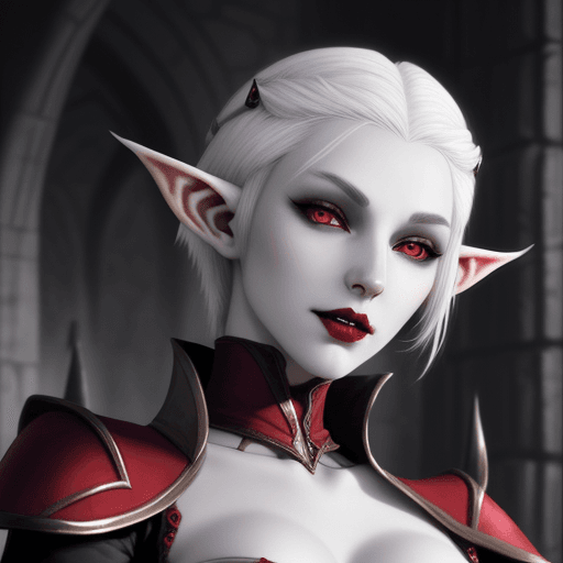 AI generated: Altmer elf woman, white hair, pale skin, vampire fangs, beautiful, pointy short ears, red eyes, NO h...
