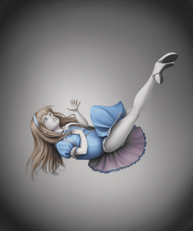 AI generated: realistic drawing 
alice from alice in wonderland falling from the sky 
her body is horizontal

seen...