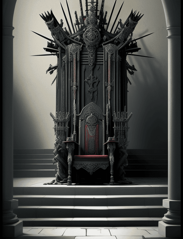 AI generated: A throne surrounded by many swords,The throne is empty,at the top of the stairs,empty,