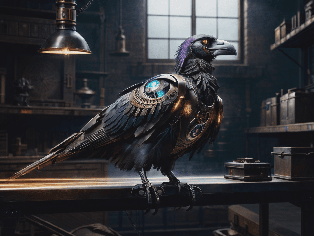 AI generated: digital painting of bronze (metal raven), automaton, all metal, glowing magical eye, intricate detai...