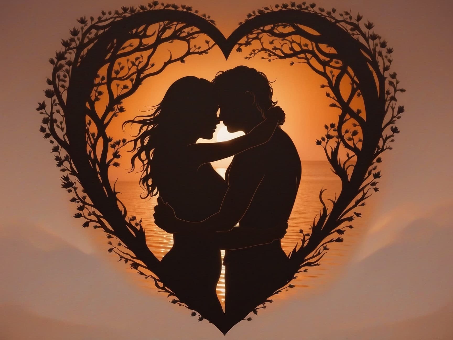 AI generated: Two lovers intertwined in a passionate embrace, their silhouettes illuminated by a warm, orange glow...