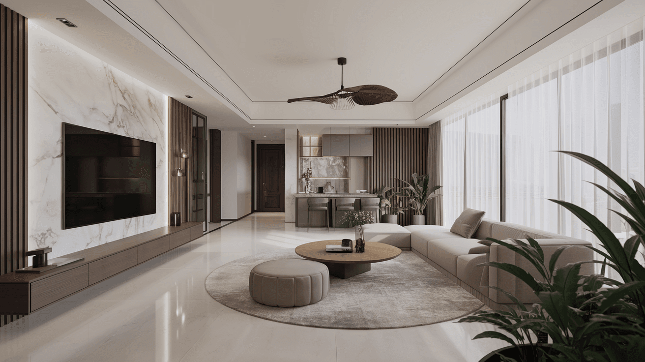 AI generated: "A modern, minimalist living room with a neutral color palette. The room features a sleek floating w...