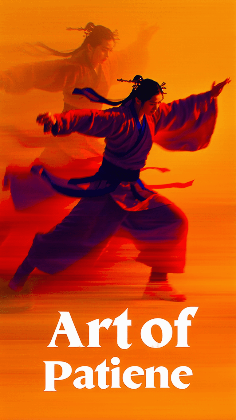 AI generated: movie poster deslign,pov,geisha teache Man kungfu movements,motion blur,typography 'art of patience'...