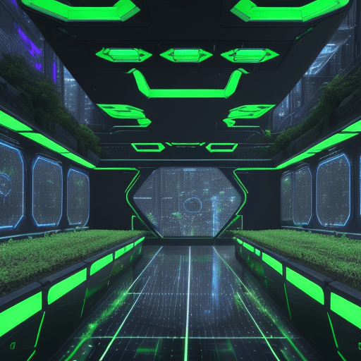 AI generated: A three-dimensional and detailed depiction of a futuristic, cyberpunk-style space focused on green e...