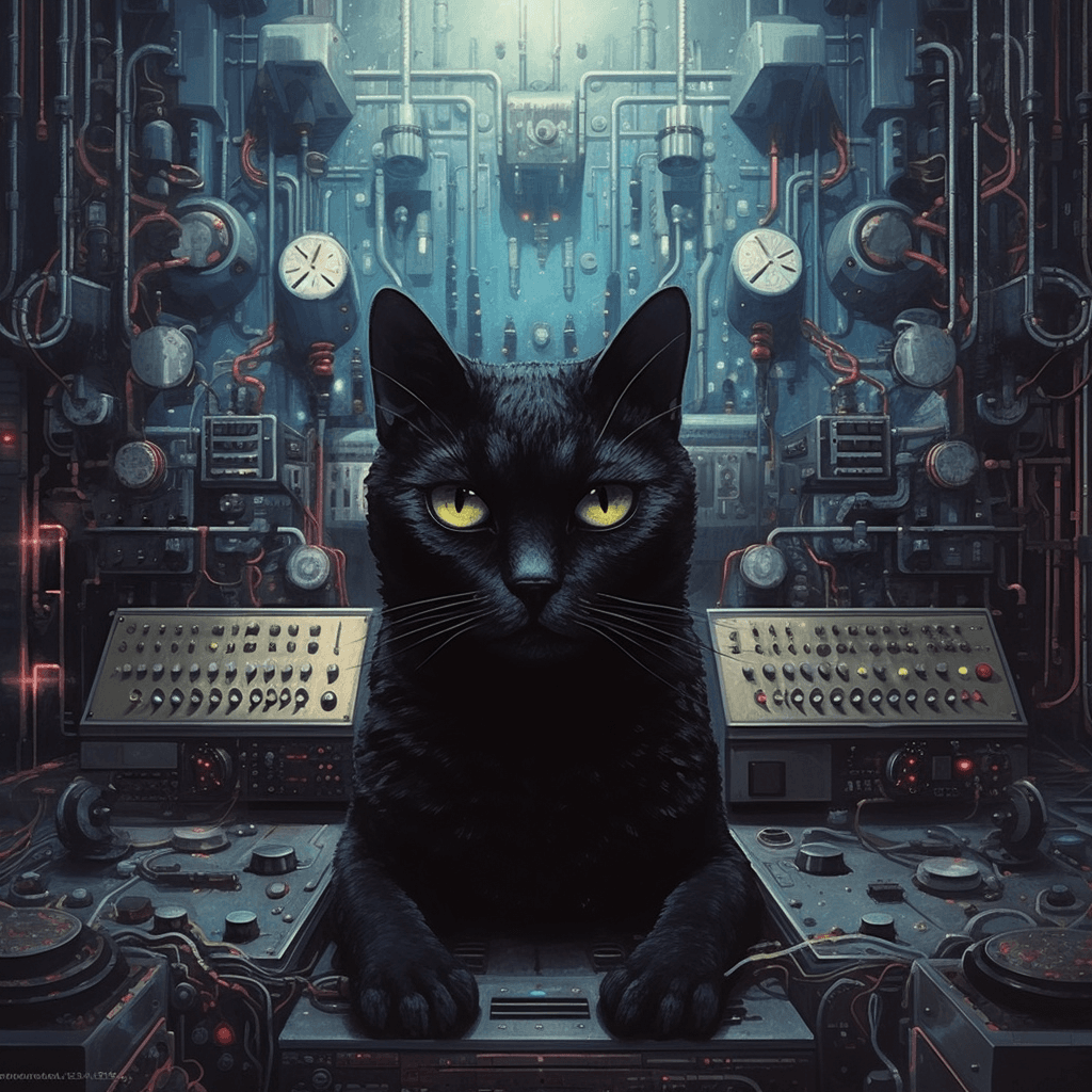 AI generated: black cat,Dark Synth style --q 1 --s 250 --v 5.1