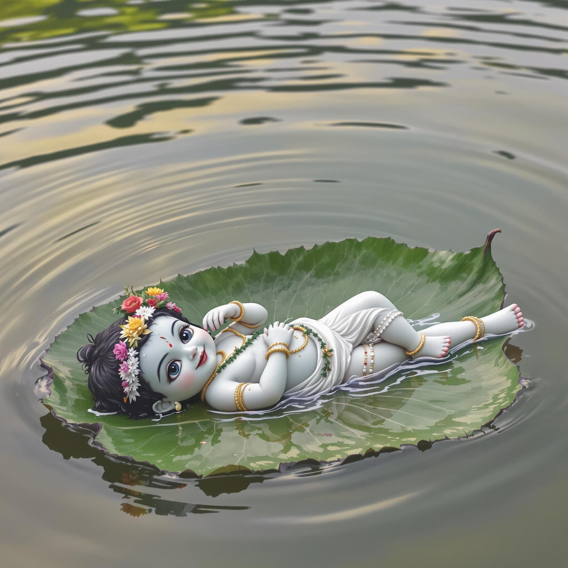 AI generated: Indian god baby Krishna without dress lying on the leafe .Leafe in the water photo graph full hd.