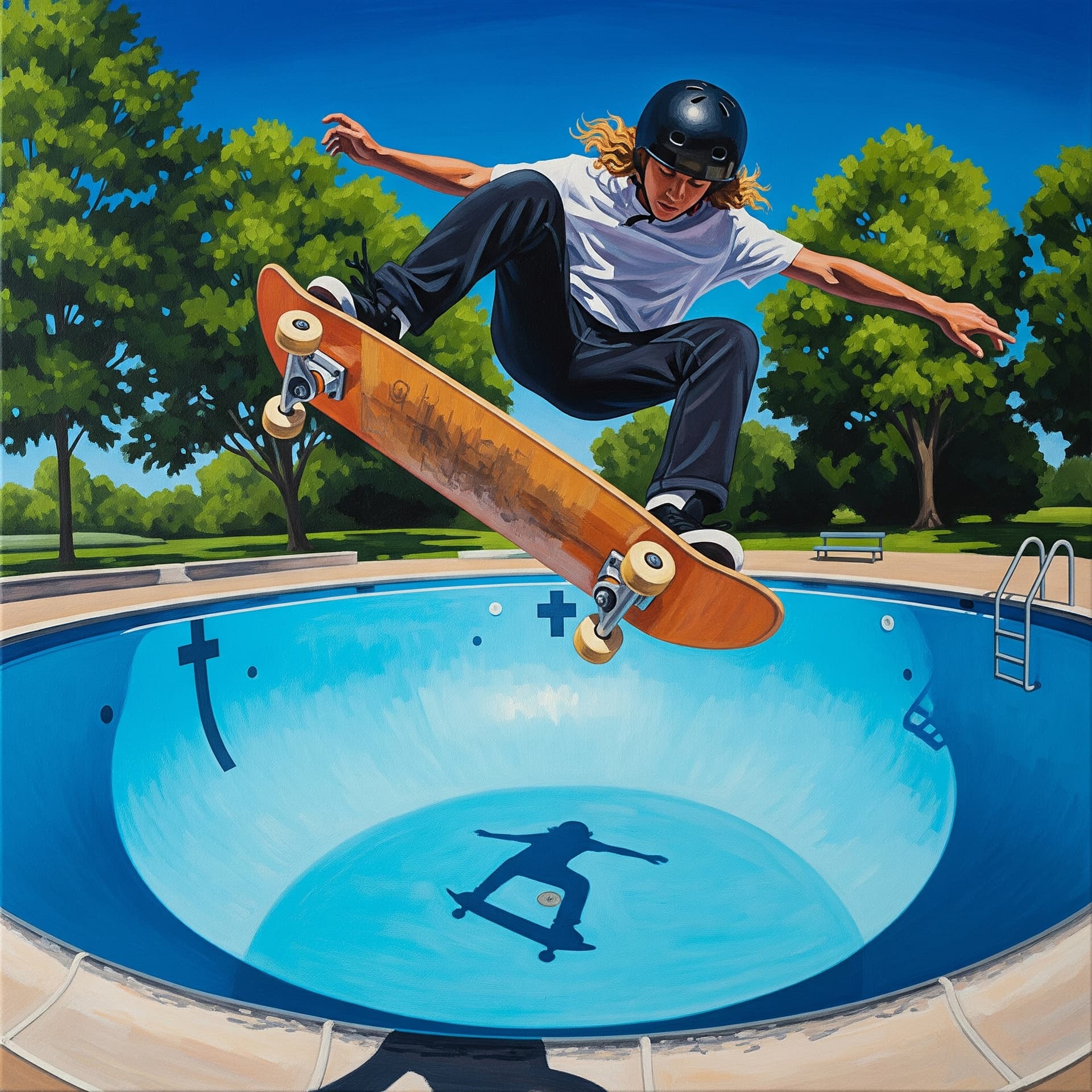 AI generated: A colorful painting of a skateboarder with long curly blonde hair, wearing modern clothes and a blac...