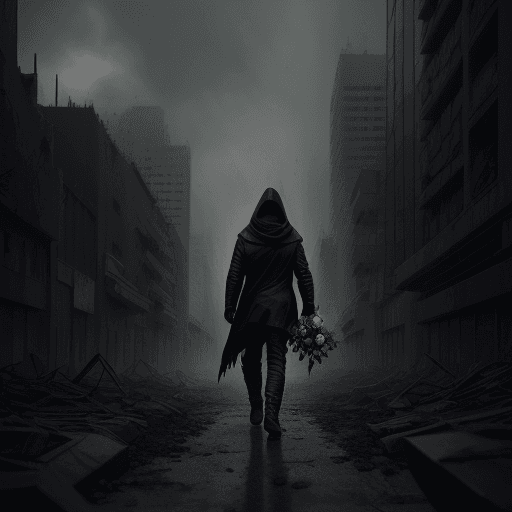 AI generated: dark figure with a hood walking in a post-apocalyptic panoramic cityscape with a bouquet of roses in...