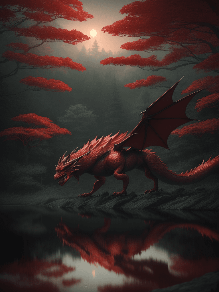 AI generated: Anime Art of a the red dragon with background lake, forest by wlop , hd 4k highly detailed octane re...