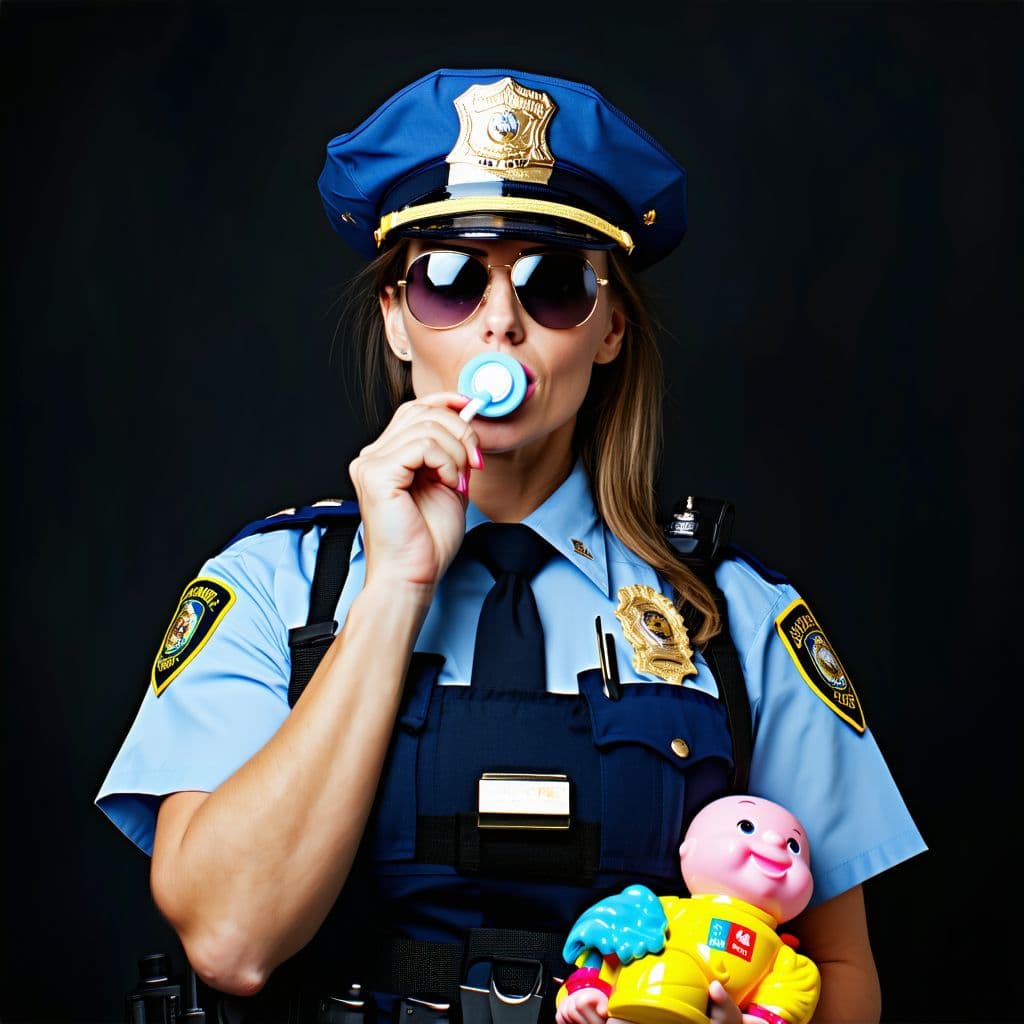 AI generated: A female police officer wearing a police hat and aviator sunglasses, instead of all the usual police...