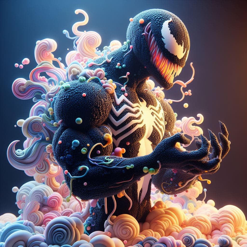 AI generated: Marvel Comics' Venom, a 4K, 3D revelation, standing character basking in soft smooth lighting, a cel...