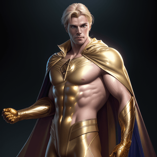 AI generated: male super hero named champion blond hair, no symbol, skin tight gold suit, golden cape, gold gloves...