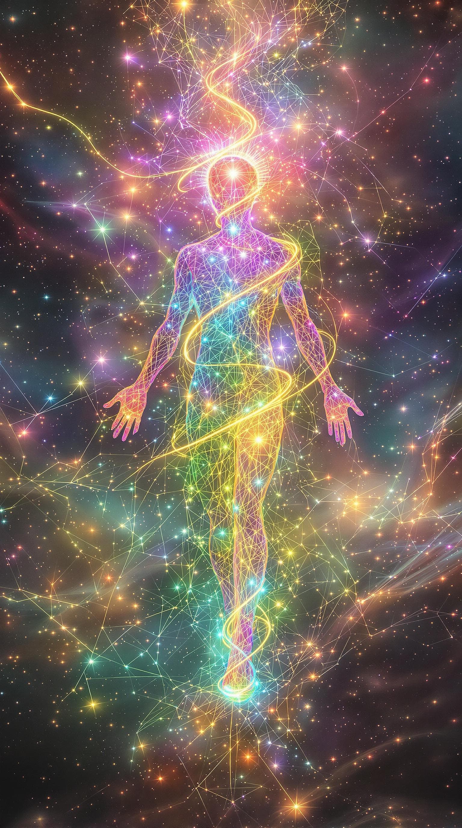 AI generated: A surreal representation of existence as pure energy, showing a humanoid figure made entirely of rad...