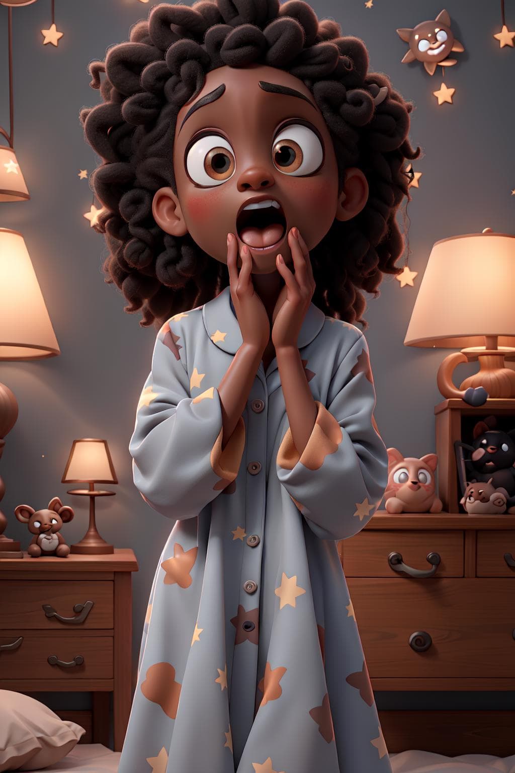 AI generated: masterpiece, best quality,a surprised little black girl wearing pajamas on a bed wwith her hand on h...