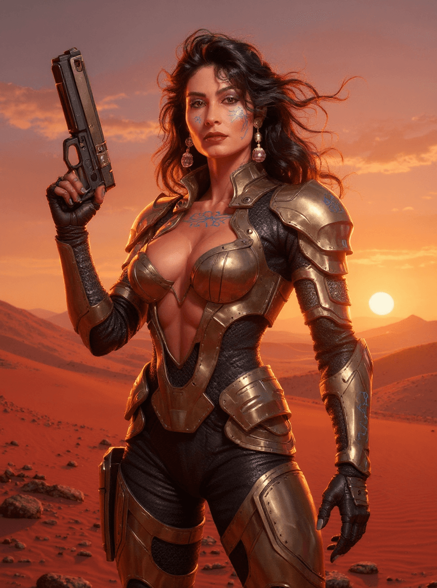 AI generated: A stunning full body (8K) masterpiece of a futuristic depiction of a female warrior, wearing a sleek...