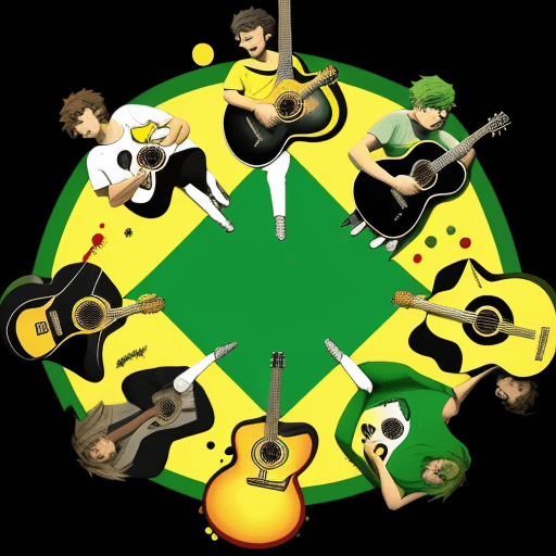 AI generated: A tshirt vector of a five youngs latin mens playing with the acoustic guitar, with colorful bullets ...