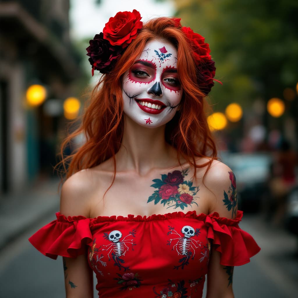 AI generated: Dia de Muertos in Mexico City, ultra-realistic, photography, upper body shot, a beautiful woman, red...