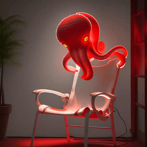 AI generated: red octopus ::1 reading the newspaper sit on a garden chair, white lights, white tones, white wall, ...