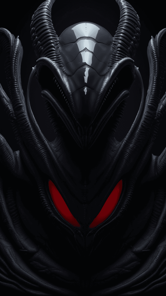 AI generated: alien head with a large, sharp, sharp, and sharp face, alien helmet, black glossy xenomorph, an alie...