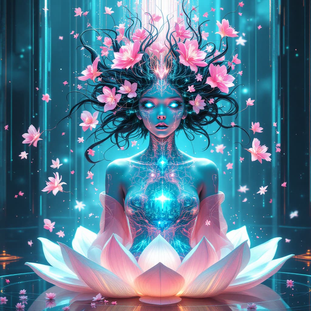 AI generated: A lavish, cinematic digital painting reimagining mythic cyberpunk opulence through the lens of a bio...