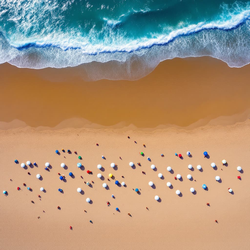 AI generated: “Top-angle view of a beach filled with umbrellas, sunbathers, and waves, vivid contrast between sand...