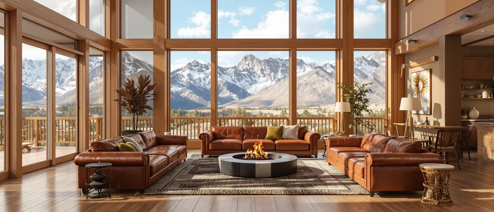 AI generated: High resolution photography interior design, dreamy western living room conversation pit, wooden flo...