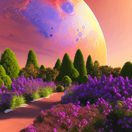 AI generated: A realistic picture of garden, planet mars, in air, purple sky, natural light, with bright colors, c...