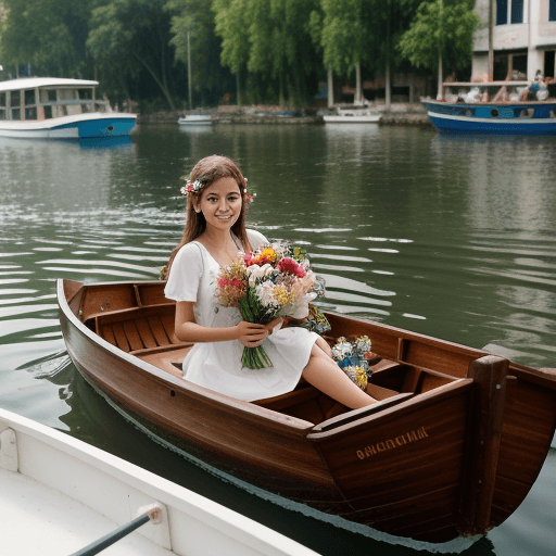 AI generated: beautiful girl in a boat, a bouquet of flowers next to her bag