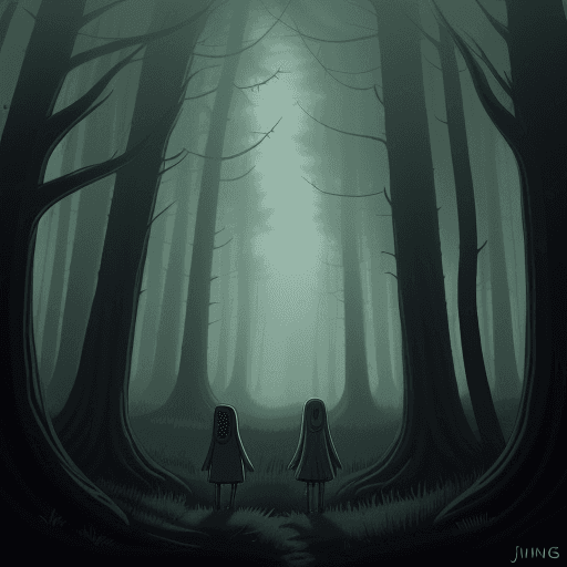 AI generated: 1970’s dark fantasy art. fin and jake from adventure time walming tbrough misty woods
