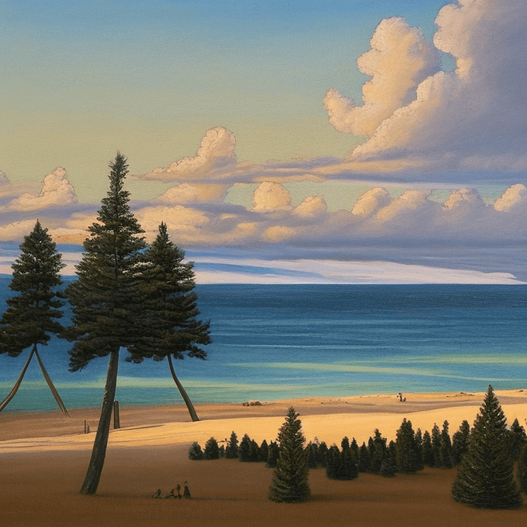 AI generated: oil on canvas,
sparse clouds in a soaring sky, 
small blue spruce trees, beach,
beautiful setting, e...