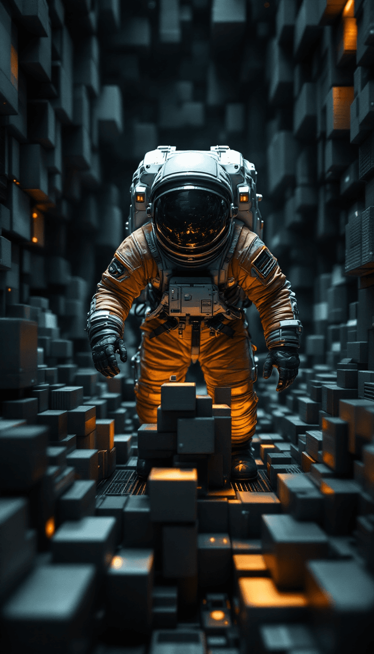 AI generated: wide angle photo of an astronaut:: minimalist space metal basket weaving blocks, in the style of mov...