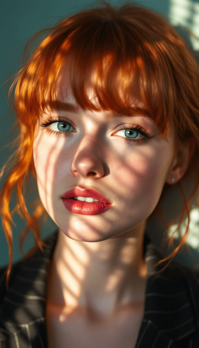 AI generated: Close-up portrait of a 20-year-old redhead woman with bangs, illuminated by the soft, warm afternoon...
