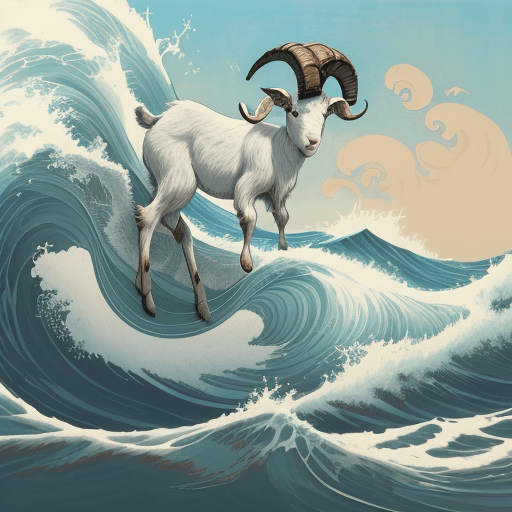 AI generated: a goat in the waves art print, in the style of kōji morimoto, neo-traditional japanese, john blanche...