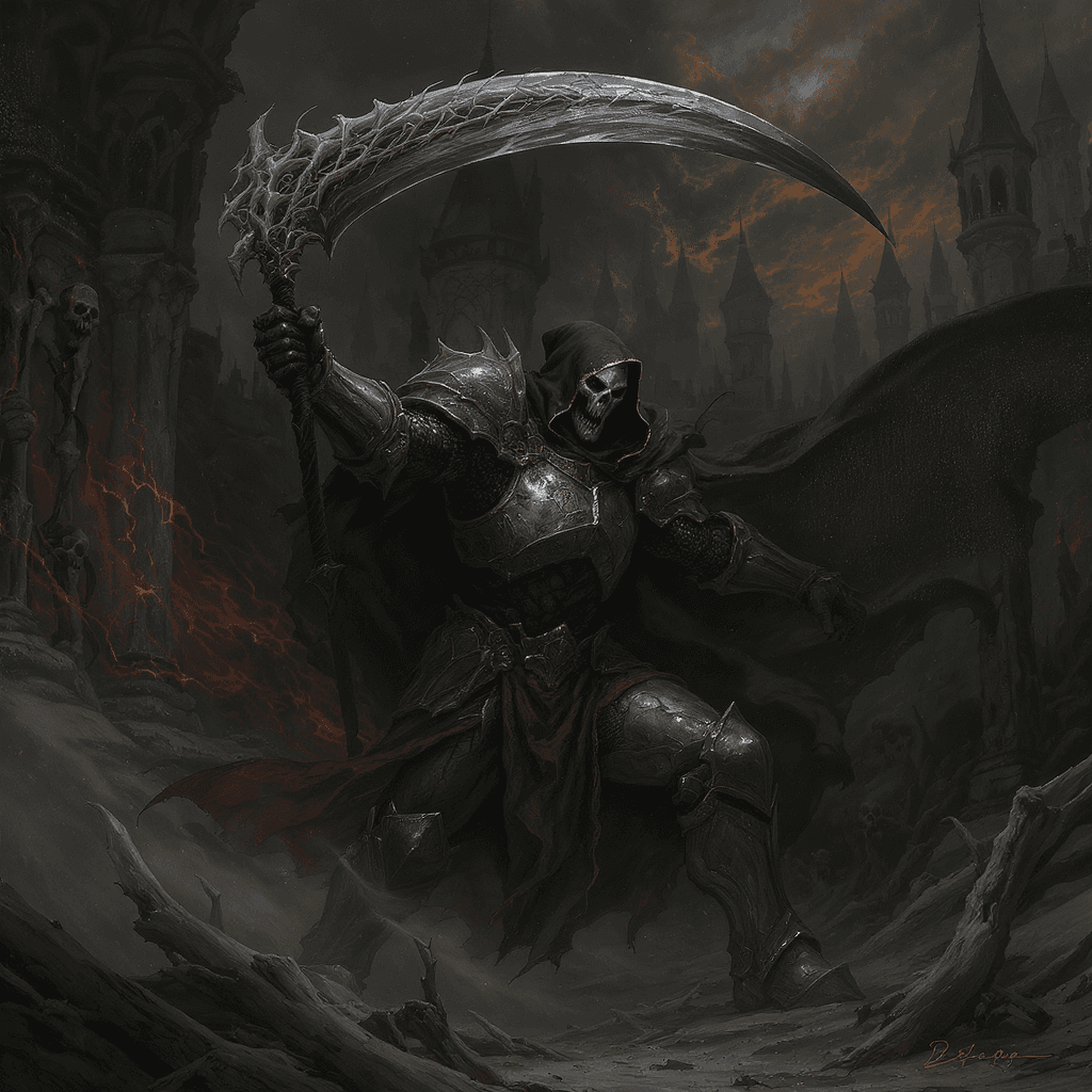 AI generated: painting in the style of a dark fantasy artist of the grim reaper fighting in full plate armor, swin...