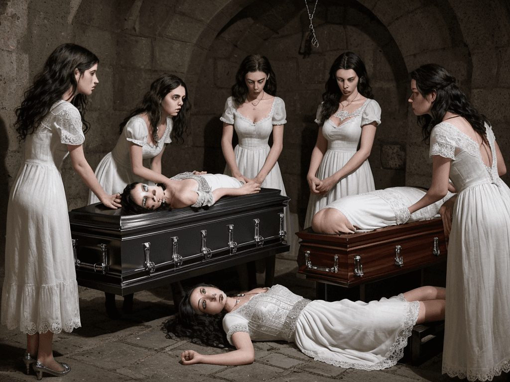 AI generated: a haunting scene of four women in a crypt, with one lying in a coffin and the others gathered around...