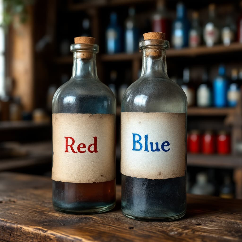 AI generated: An old-fashioned bottle with a plain old paper label that says "Red", and an identical bottle next t...